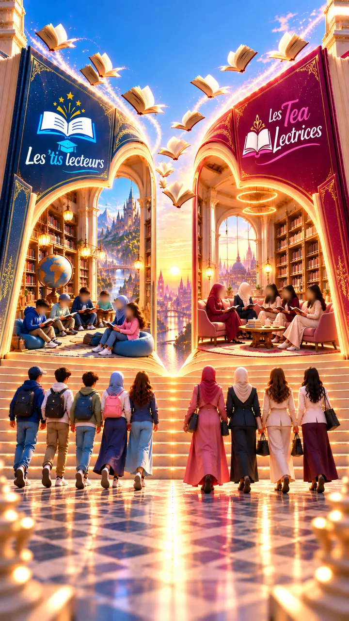 Un grand livre ouvert sur deux univers : à gauche, la bibliothèque bleue des ’tis lecteurs, où des enfants lisent ; à droite, le salon de thé rose des Tea Lectrices, où des femmes lisent et échangent. Au premier plan, des enfants et des femmes montent les marches vers le livre.