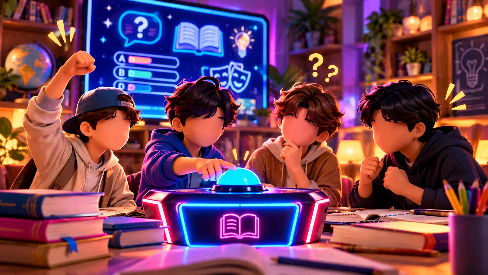 Quatre enfants autour d’un buzzer de quiz, devant un écran de questions.