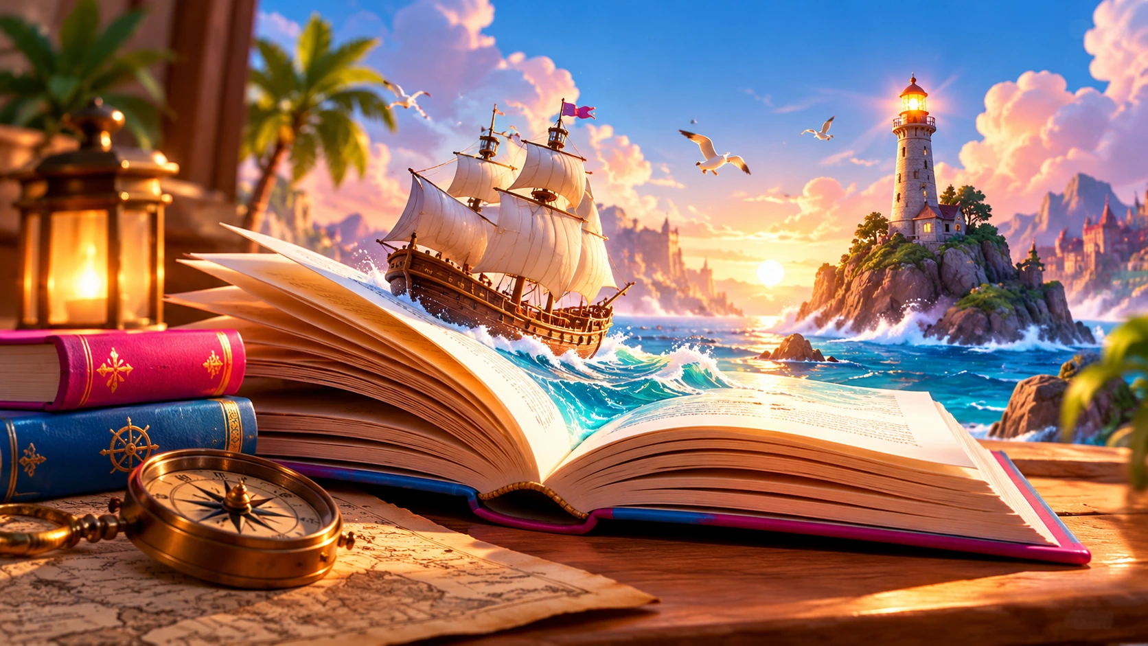 Un grand voilier surgit des pages d’un livre ouvert, face à un phare au coucher du soleil.