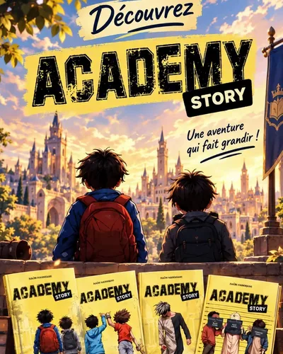 Publication Instagram : « Découvrez Academy Story, une aventure qui fait grandir ! », deux enfants de dos devant un château et les quatre tomes de la série.