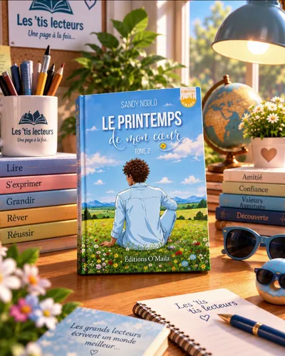 Publication Instagram : le roman « Le printemps de mon cœur » (tome 2) posé sur un bureau, entre une pile de livres et une tasse Les ’tis lecteurs.
