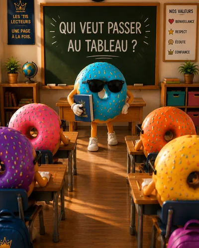 Publication Instagram : des donuts mascottes à lunettes de soleil assis en classe, sous un tableau où est écrit « Qui veut passer au tableau ? ».