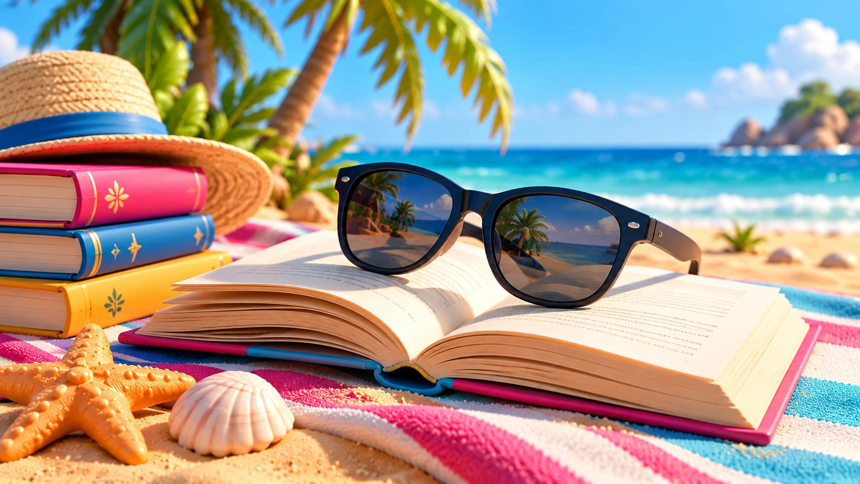 Livres, chapeau de paille et lunettes de soleil sur une serviette, au bord de la mer.
