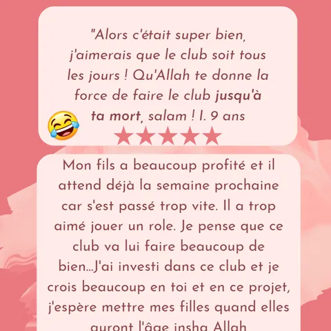 Capture de trois avis notés cinq étoiles, de deux enfants et d’un parent.