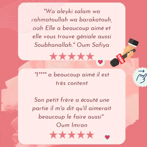 Capture de deux avis notés cinq étoiles : Oum Safiya et Oum Imran.