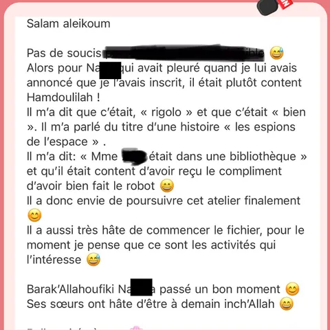 Capture du message d’un parent, noté cinq étoiles.